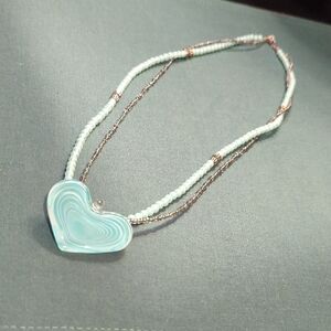 Artisan Glass Pendant Necklace Heart Beads Blue White Swirls Handmade Clasp